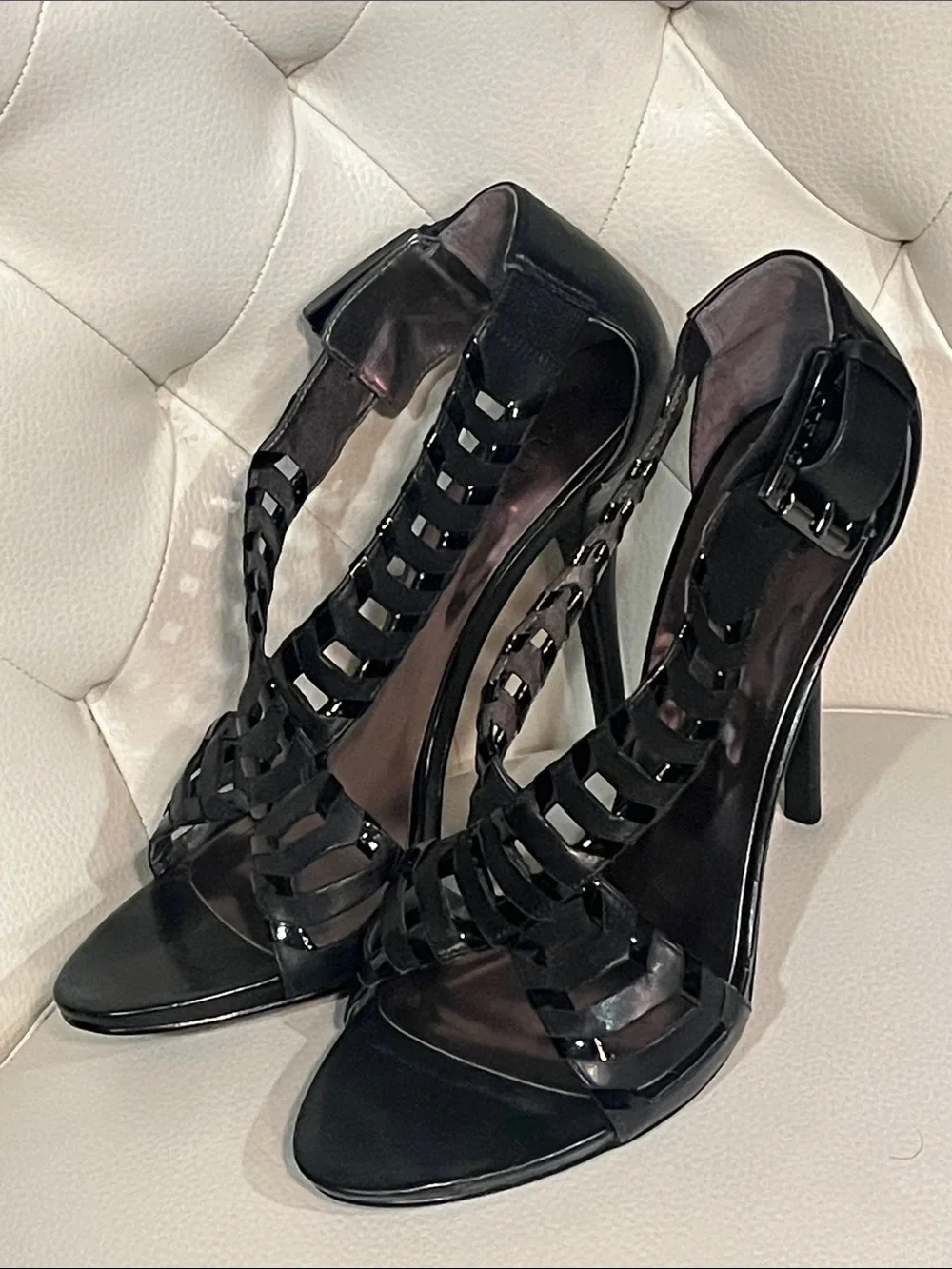 Guess by Marciano Glossy Black Leather Strappy Stiletto Sandals 8.5